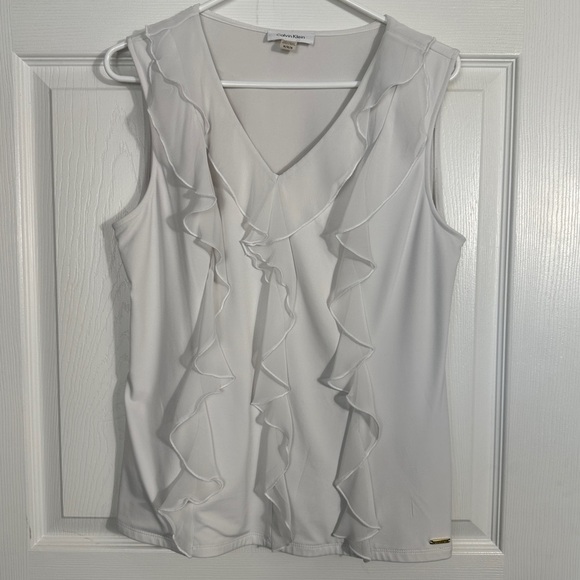 Calvin Klein sz Med. white slvless ruffled v-neck top, feminine, flowy - Picture 1 of 10